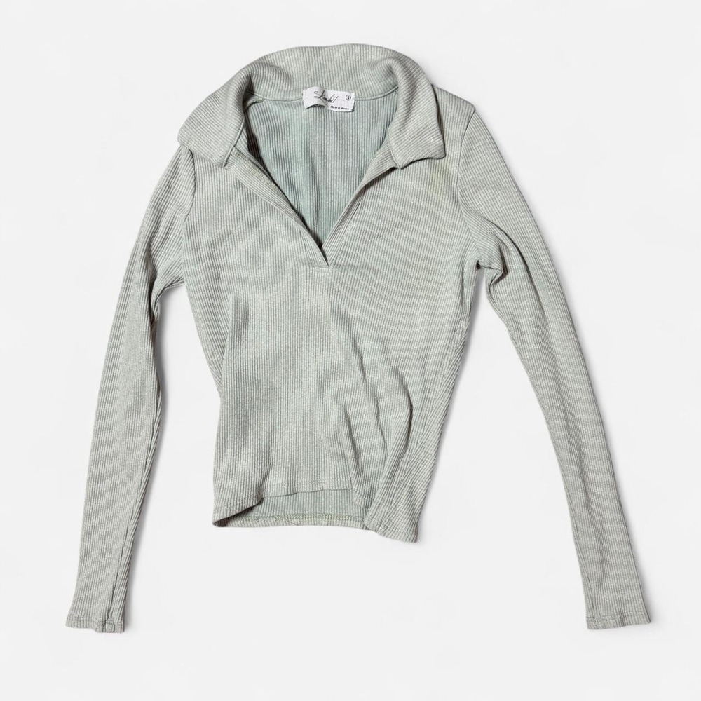 Skonhet Womens Green Ribbed Long Sleeve Collared V-Neck Top Size S